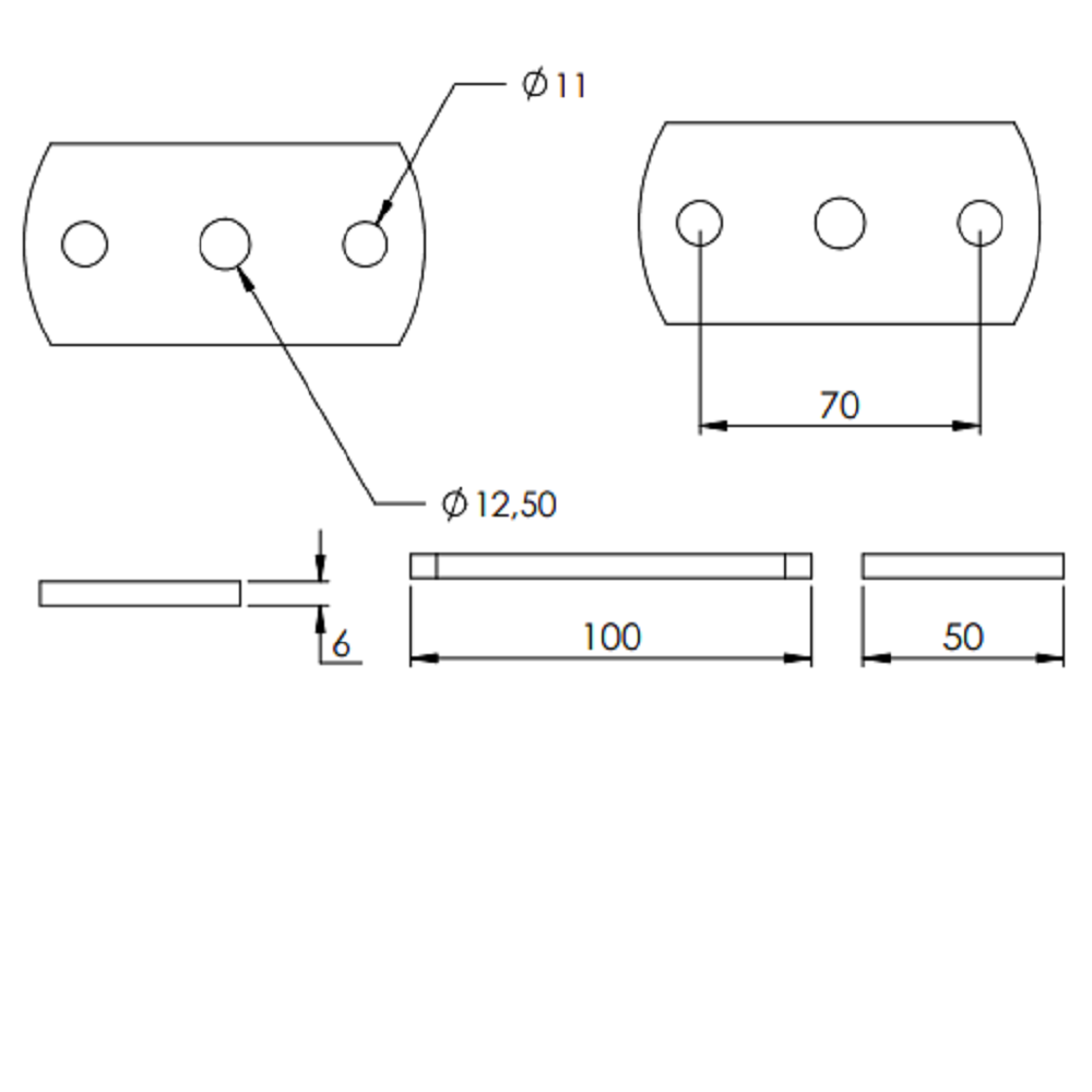 Ankerplatte 100 x 50mm, Stärke 6mm, mit zwei ø 11mmm Rundlöcher und ø 12,5mm Mittelbohrung, Stahl roh