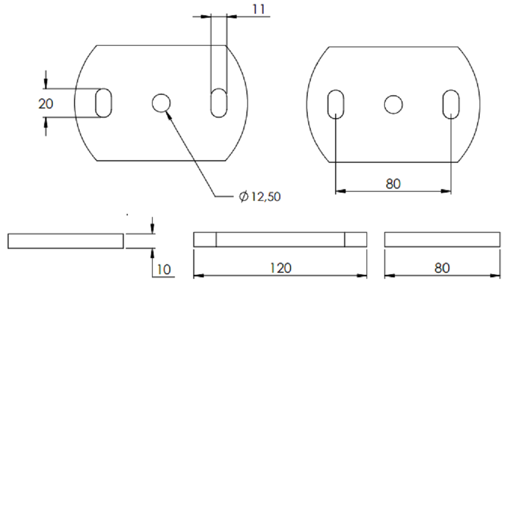 Ankerplatte 120 x 80mm, Stärke 10mm, mit zwei 11 x 20mm Langlöcher und ø 12,5mm Mittelbohrung, gelasert, Stahl roh