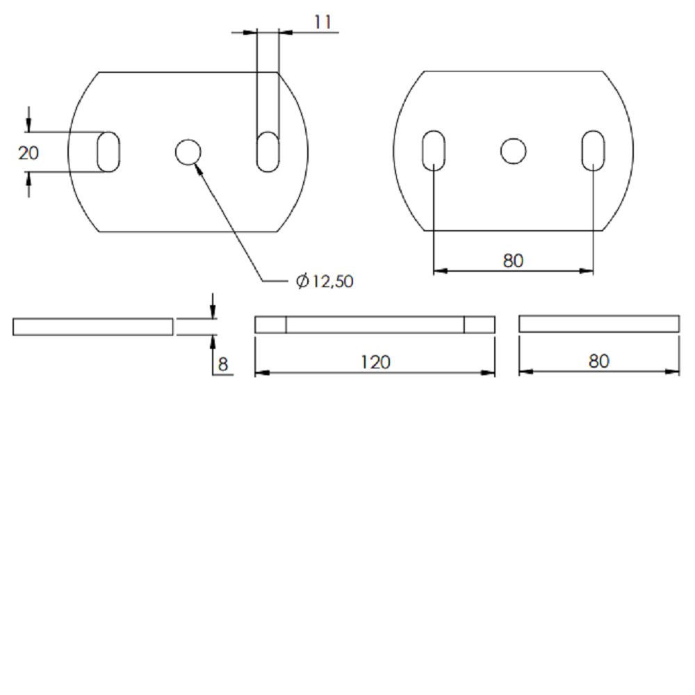 Ankerplatte 120 x 80mm, Stärke 8mm, mit zwei 11 x 20mm Langlöcher und ø 12,5mm Mittelbohrung, Stahl roh