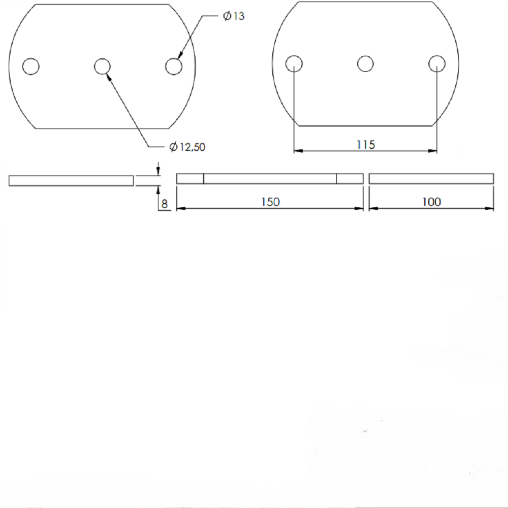 Ankerplatte 150 x 100mm, Stärke 8mm, mit zwei ø 13mm Rundlöcher und ø 12,5mm Mittelbohrung, Stahl roh