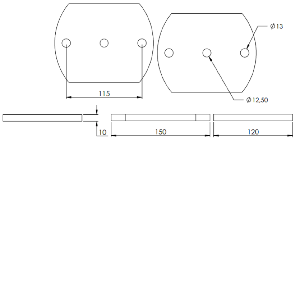 Ankerplatte 150 x 120mm, Stärke 10mm, mit zwei ø 13mm Rundlöcher und ø 12,5mm Mittelbohrung, gelasert, Stahl roh