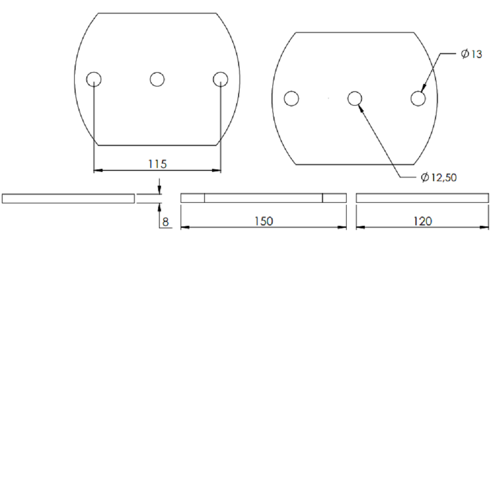 Ankerplatte 150 x 120mm, Stärke 8mm, mit zwei ø 13mm Rundlöcher und ø 12,5mm Mittelbohrung, Stahl roh