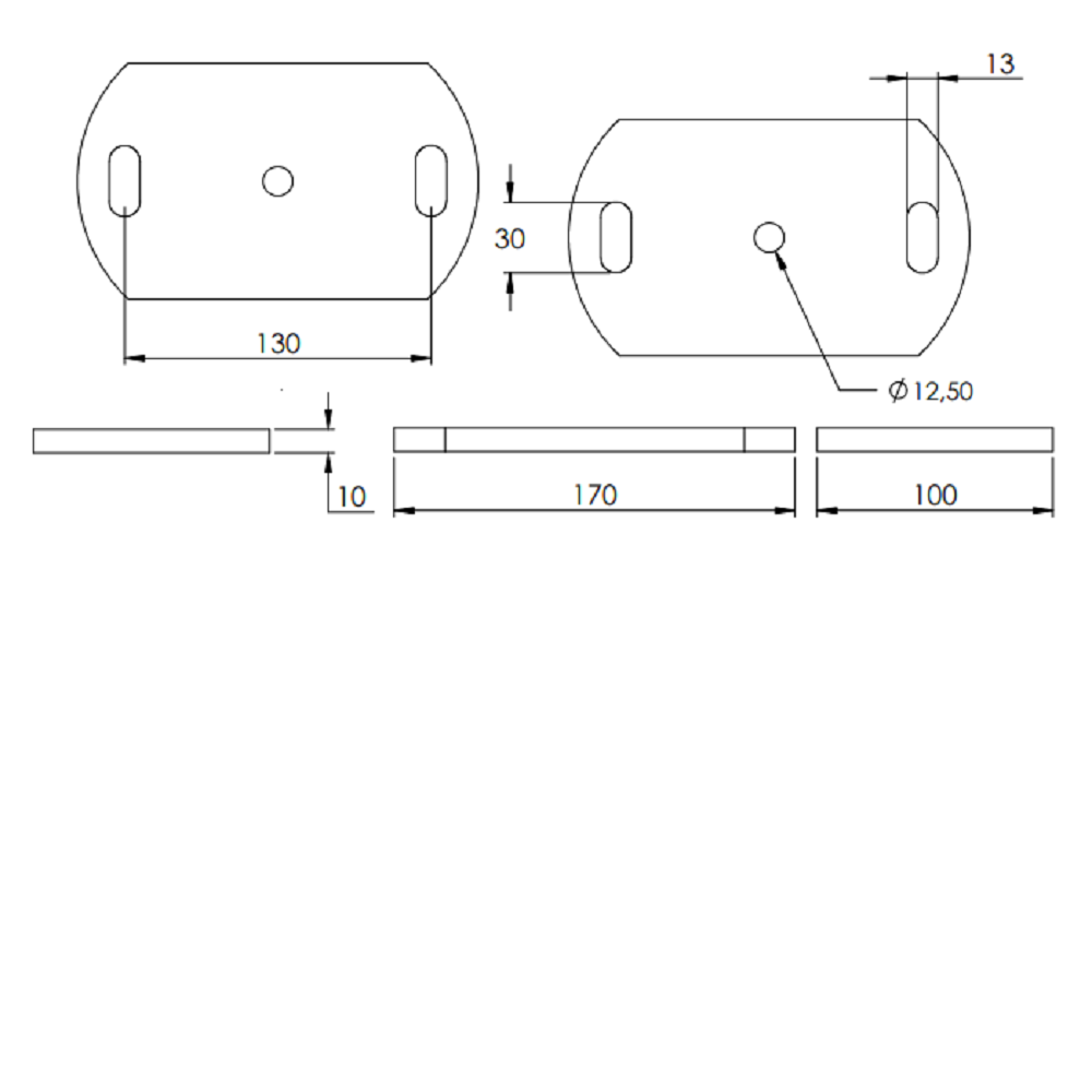 Ankerplatte 170 x 100mm, Stärke 10mm, mit zwei 13 x 30mm Langlöcher und ø 12,5mm Mittelbohrung, gelasert, Stahl roh