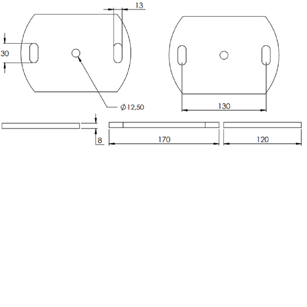 Ankerplatte 170 x 120mm, Stärke 10mm, mit zwei 13 x 30mm Langlöcher und ø 12,5mm Mittelbohrung, gelasert, Stahl roh