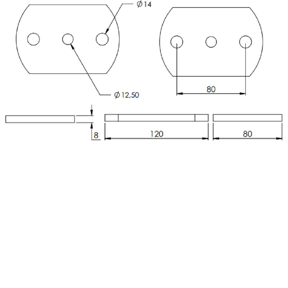 Ankerplatte 120 x 80mm, Stärke 8mm, mit zwei ø 14mm Rundlöcher und ø 12,5mm Mittelbohrung, Stahl roh