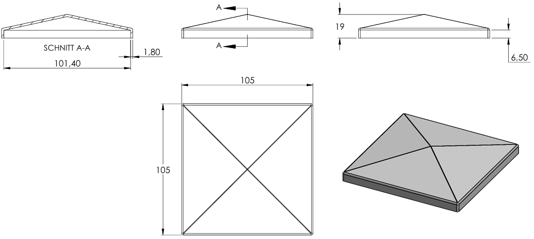 Pyramidenkappe für Quadratrohr 80 x 80mm, Stahl galvanisch verzinkt
