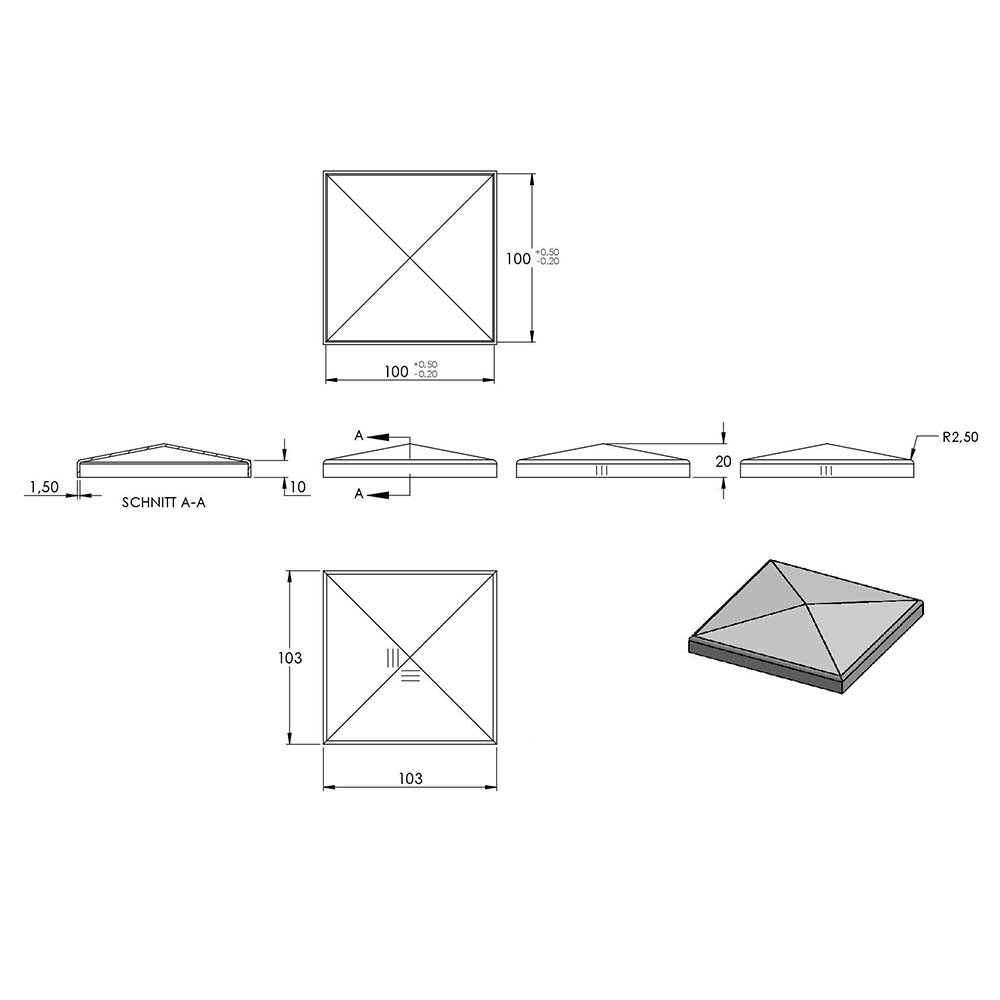 Pyramidenkappe 100x100mm, geschliffen, Ecken verschweißt und geschliffen