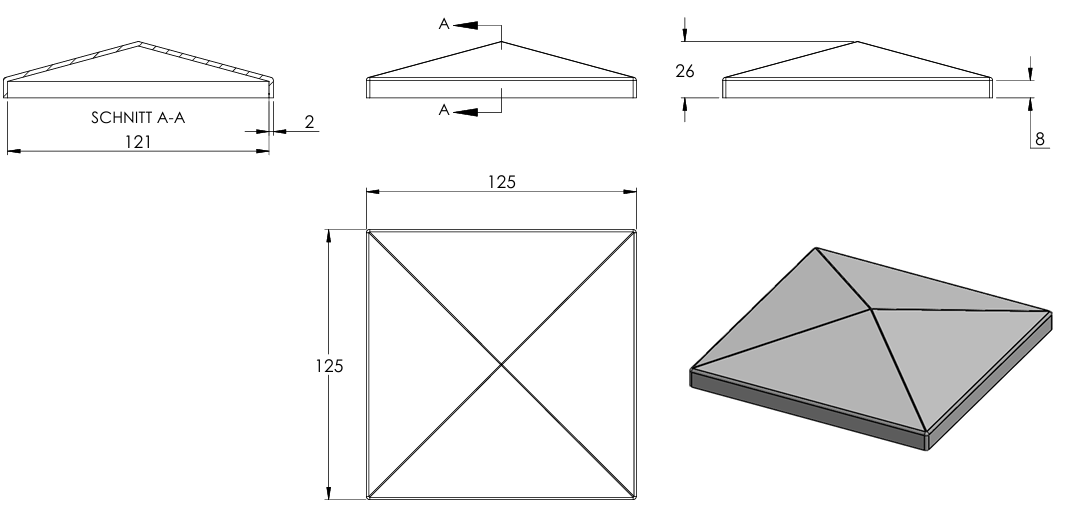 Pyramidenkappe für Quadratrohr 120 x 120mm, Stahl roh
