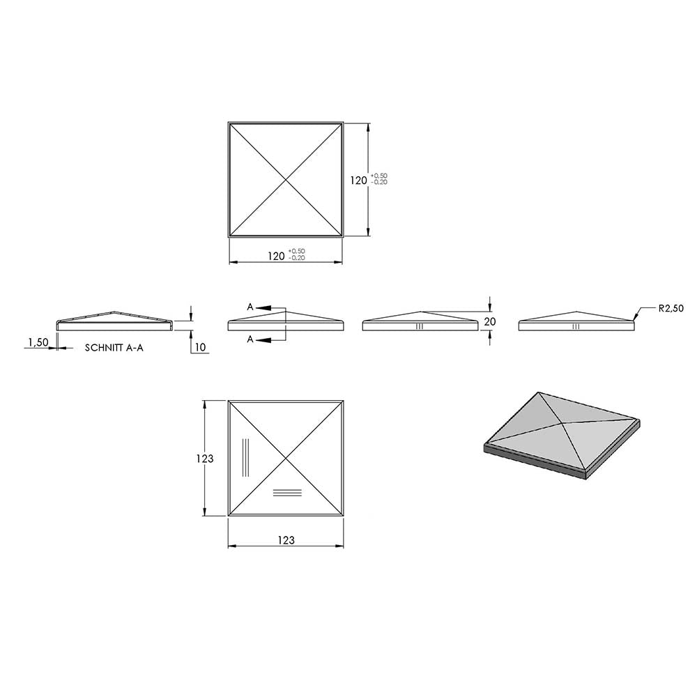 Pyramidenkappe 120x120mm, geschliffen, Ecken verschweißt und geschliffen