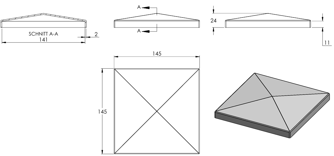 Pyramidenkappe für Quadratrohr 140 x 140mm, Stahl roh