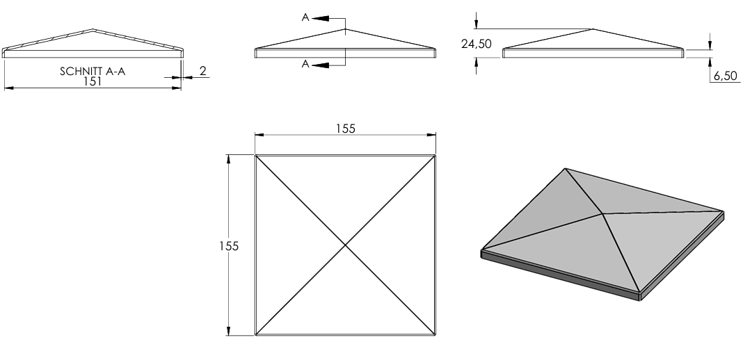Pyramidenkappe für Quadratrohr 150 x 150mm, Stahl galvanisch verzinkt