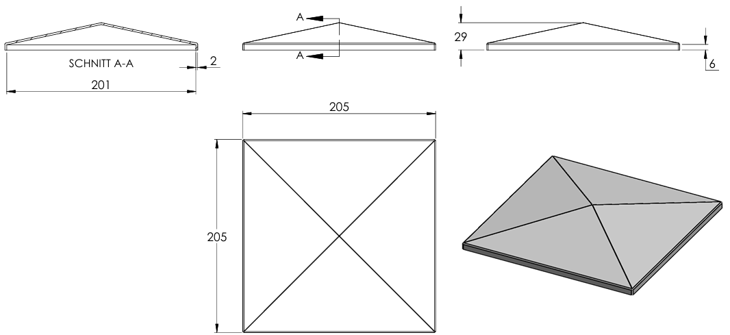 Pyramidenkappe für Quadratrohr 200 x 200mm, Stahl roh