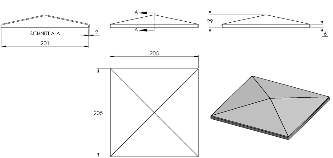 Pyramidenkappe für Quadratrohr 200 x 200mm, Stahl galvanisch verzinkt