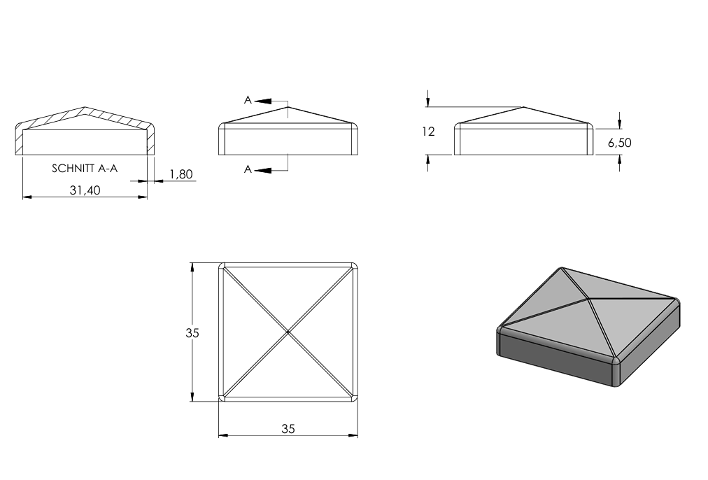 Pyramidenkappe für Quadratrohr 30 x 30mm, Stahl galvanisch verzinkt