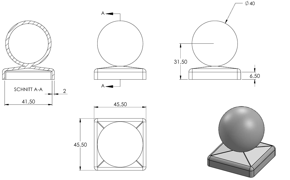 Pyramidenkappe mit Hohlkugel ø 40mm, für Quadratrohr 40 x 40mm, Stahl roh