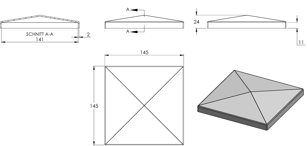Pyramidenkappe für Quadratrohr 40 x 40mm, Stahl roh