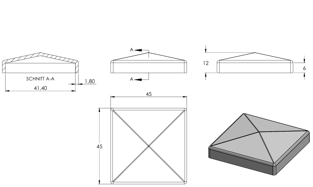 Pyramidenkappe für Quadratrohr 40 x 40mm, Stahl galvanisch verzinkt