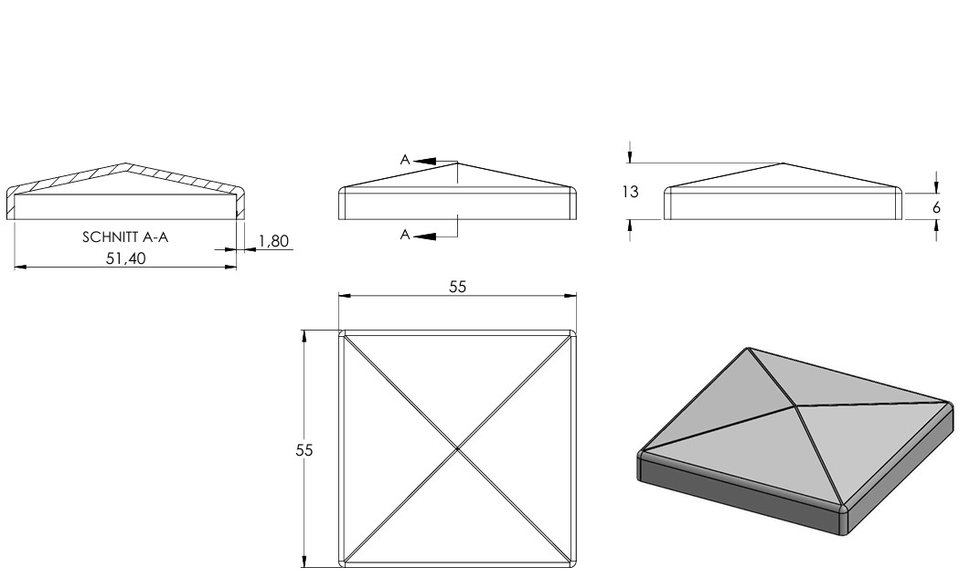 Pyramidenkappe für Quadratrohr 50 x 50mm, Stahl roh