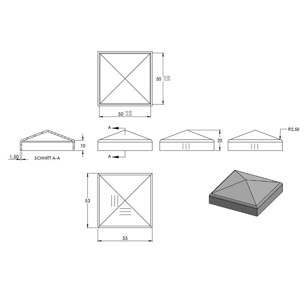 Pyramidenkappe 50x50mm, geschliffen, Ecken verschweißt und geschliffen