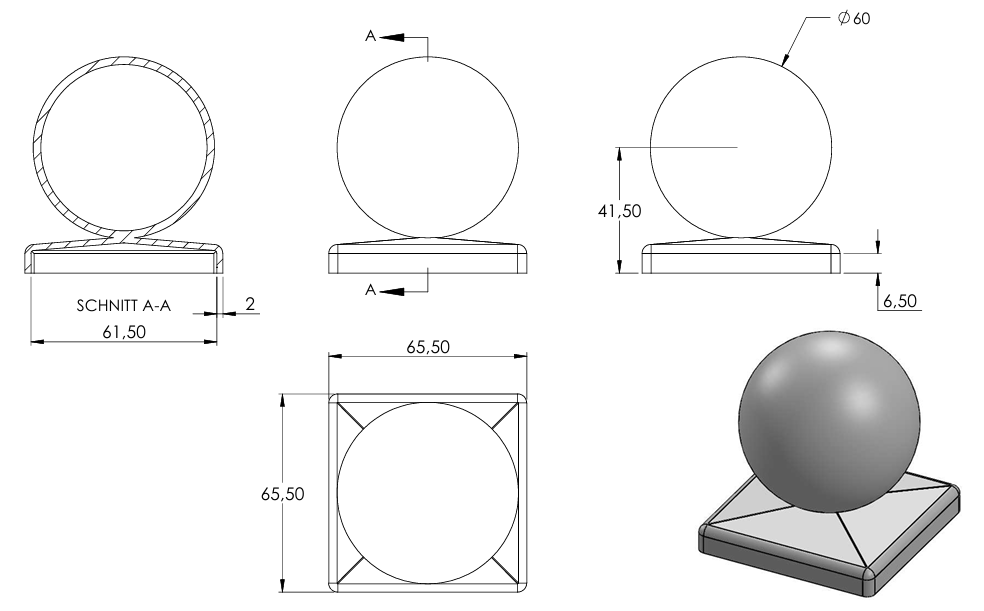 Pyramidenkappe mit Hohlkugel ø 60mm, für Quadratrohr 60 x 60mm, Stahl roh