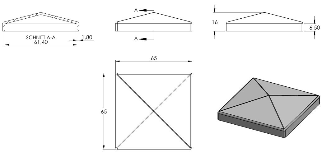 Pyramidenkappe für Quadratrohr 60 x 60mm, Stahl roh