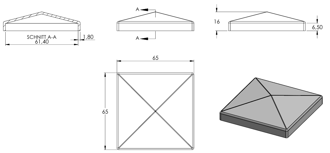 Pyramidenkappe für Quadratrohr 60 x 60mm, Stahl galvanisch verzinkt