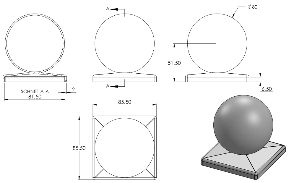Pyramidenkappe mit Hohlkugel ø 80mm, für Quadratrohr 80 x 80mm, Stahl roh