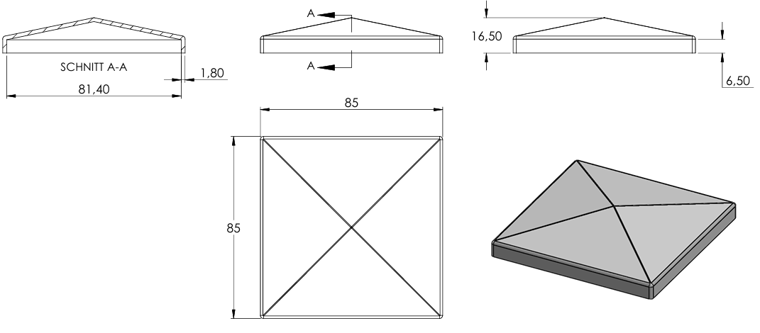 Pyramidenkappe für Quadratrohr 80 x 80mm, Stahl roh