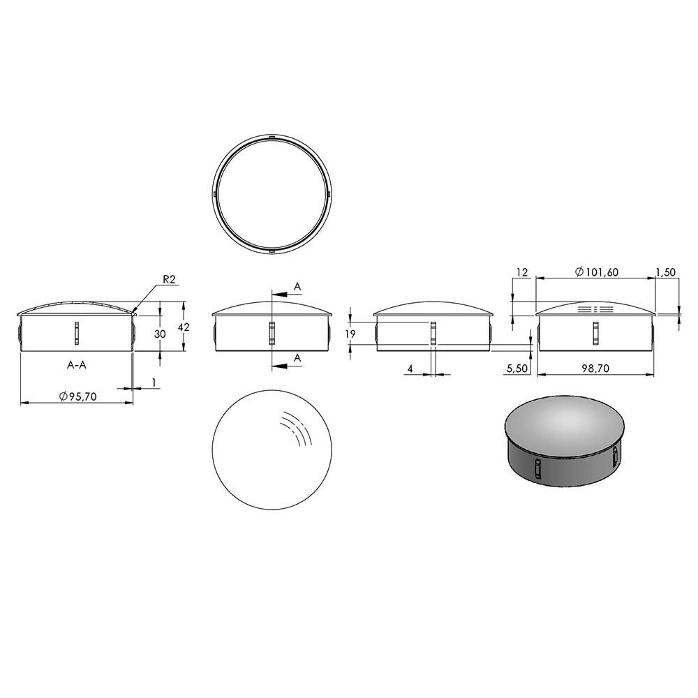 Einschlagstopfen leicht gewölbt, hohl mit Nasen, für Rohr ø 101,6 x 2,0 - 2,6mm