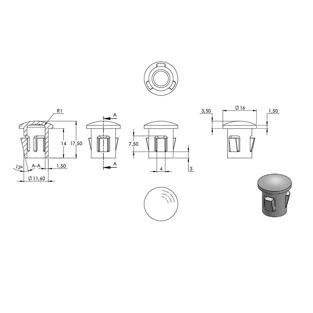 Einschlagstopfen leicht gewölbt, hohl mit Nasen, für Rohr ø 16 x 1,0 - 2,0mm