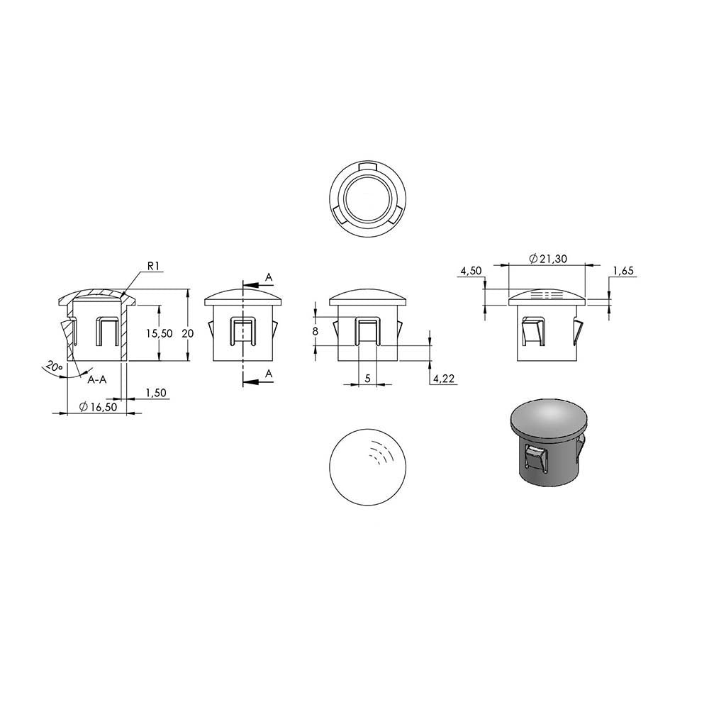 Einschlagstopfen leicht gewölbt, hohl mit Nasen, für Rohr ø 21.3 x 1,6 - 2,0mm