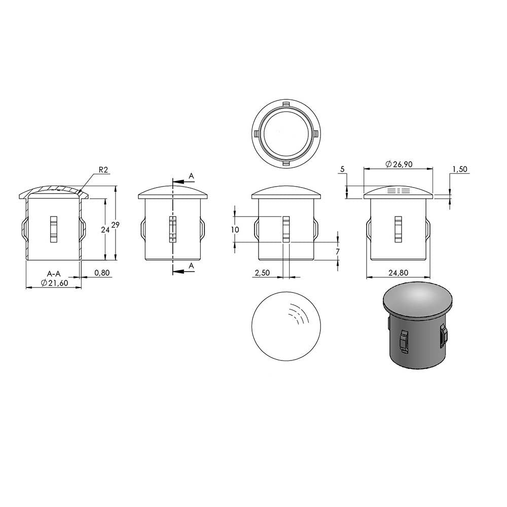 Einschlagstopfen leicht gewölbt, hohl mit Nasen, für Rohr ø 26,9 x 1,6 - 2,6mm