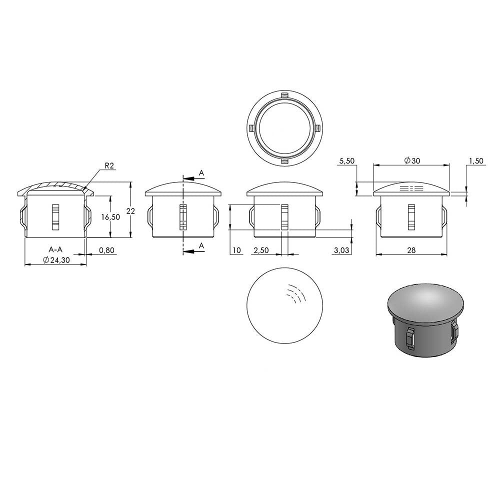 Einschlagstopfen leicht gewölbt, hohl mit Nasen, für Rohr ø 30,0 x 1,6 - 2,6mm