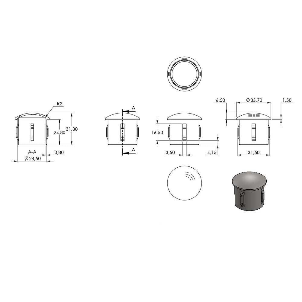 V2A Einschlagstopfen leicht gewölbt, hohl mit Nasen, für Rohr ø 33,7 x 2,0 - 2,5mm