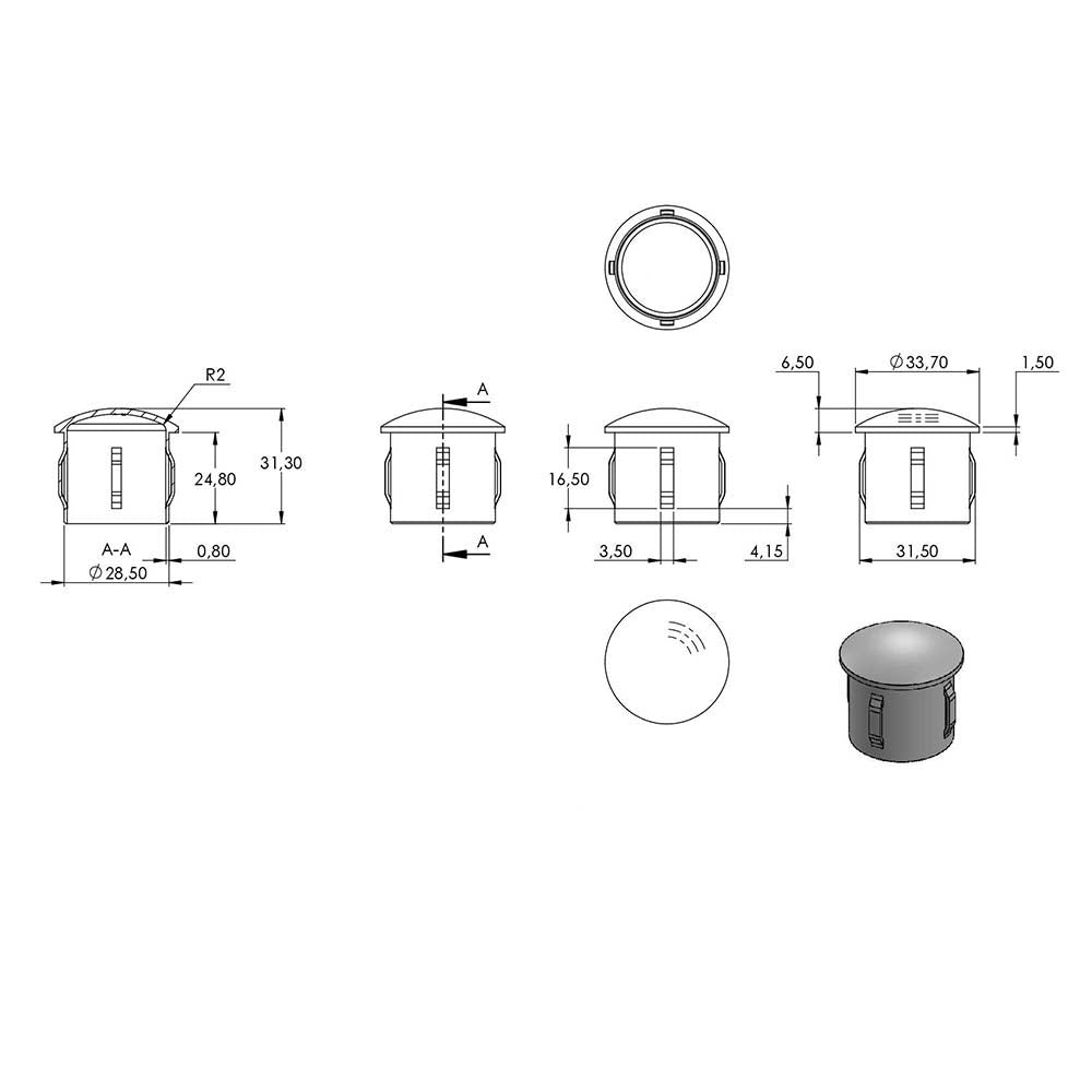 Einschlagstopfen leicht gewölbt, hohl mit Nasen, für Rohr ø 33,7 x 2,0 - 2,6mm