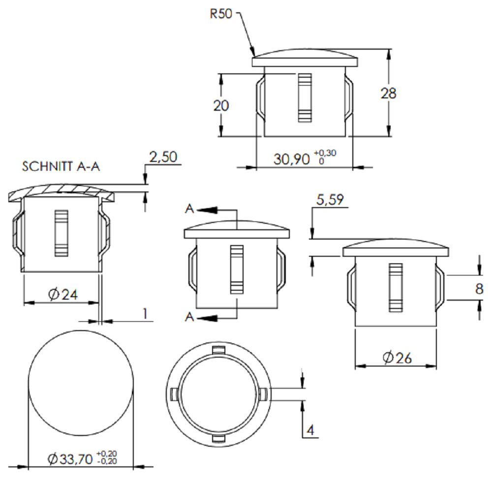 Stahleinschlagstopfen für Rohr ø 33,7mm, mit Wandstärke 1,8-2,2mm, leicht gewölbt