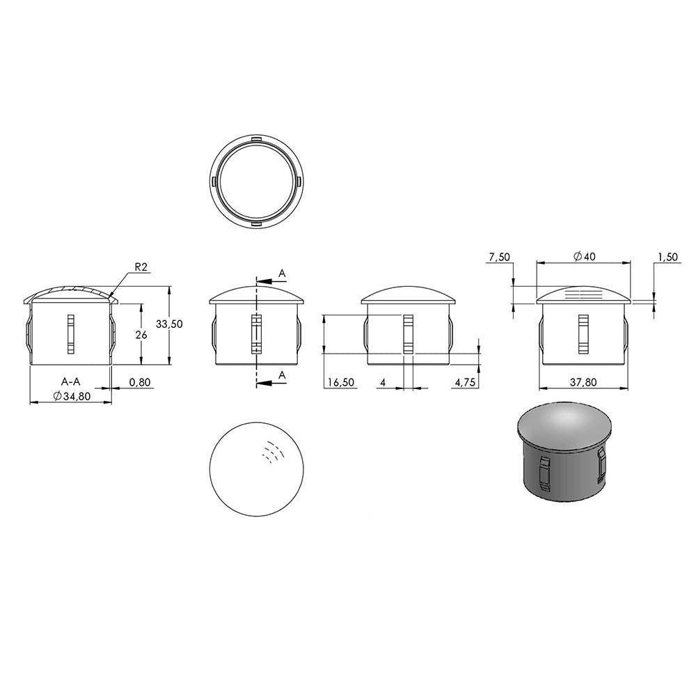 Einschlagstopfen leicht gewölbt, hohl mit Nasen, für Rohr ø 40,0 x 2,0 - 2,6mm