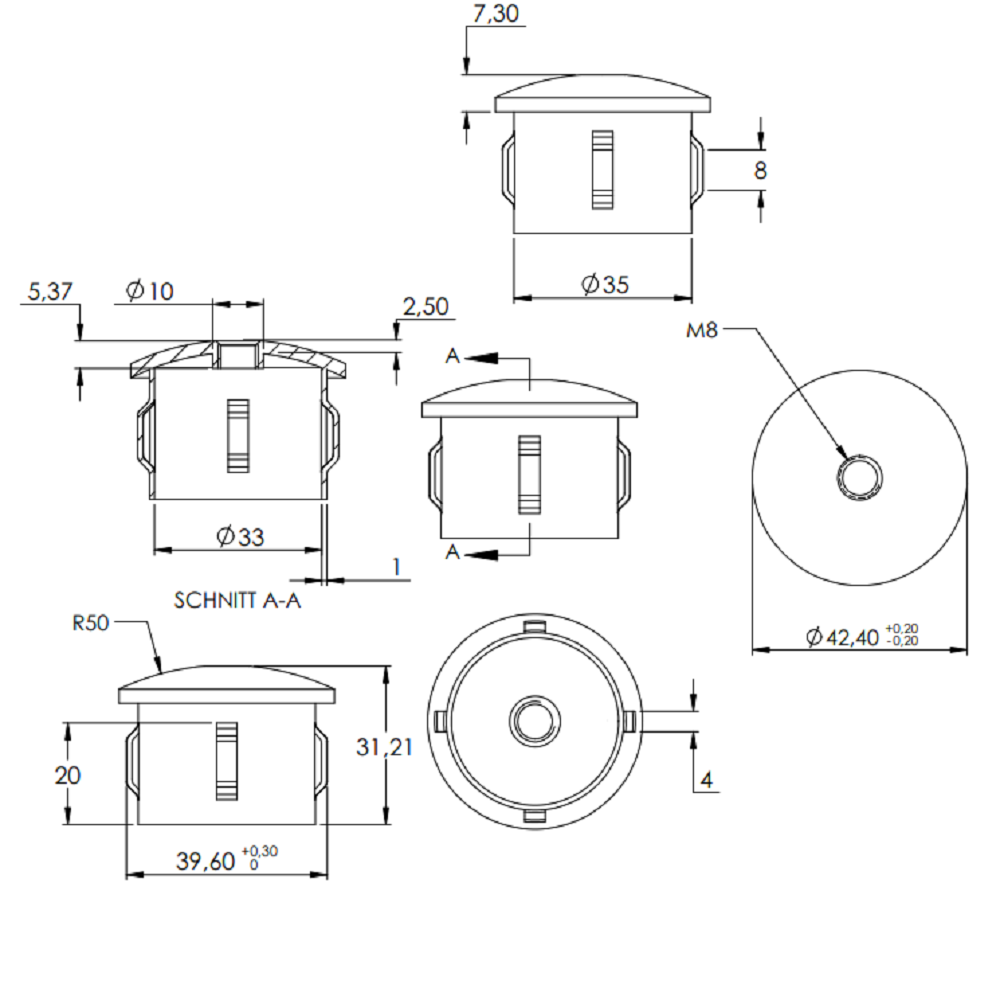 Stahleinschlagstopfen für Rohr ø 42,4mm, mit Wandstärke 1,8-2,2mm, leicht gewölbt, mit Gewinde M8