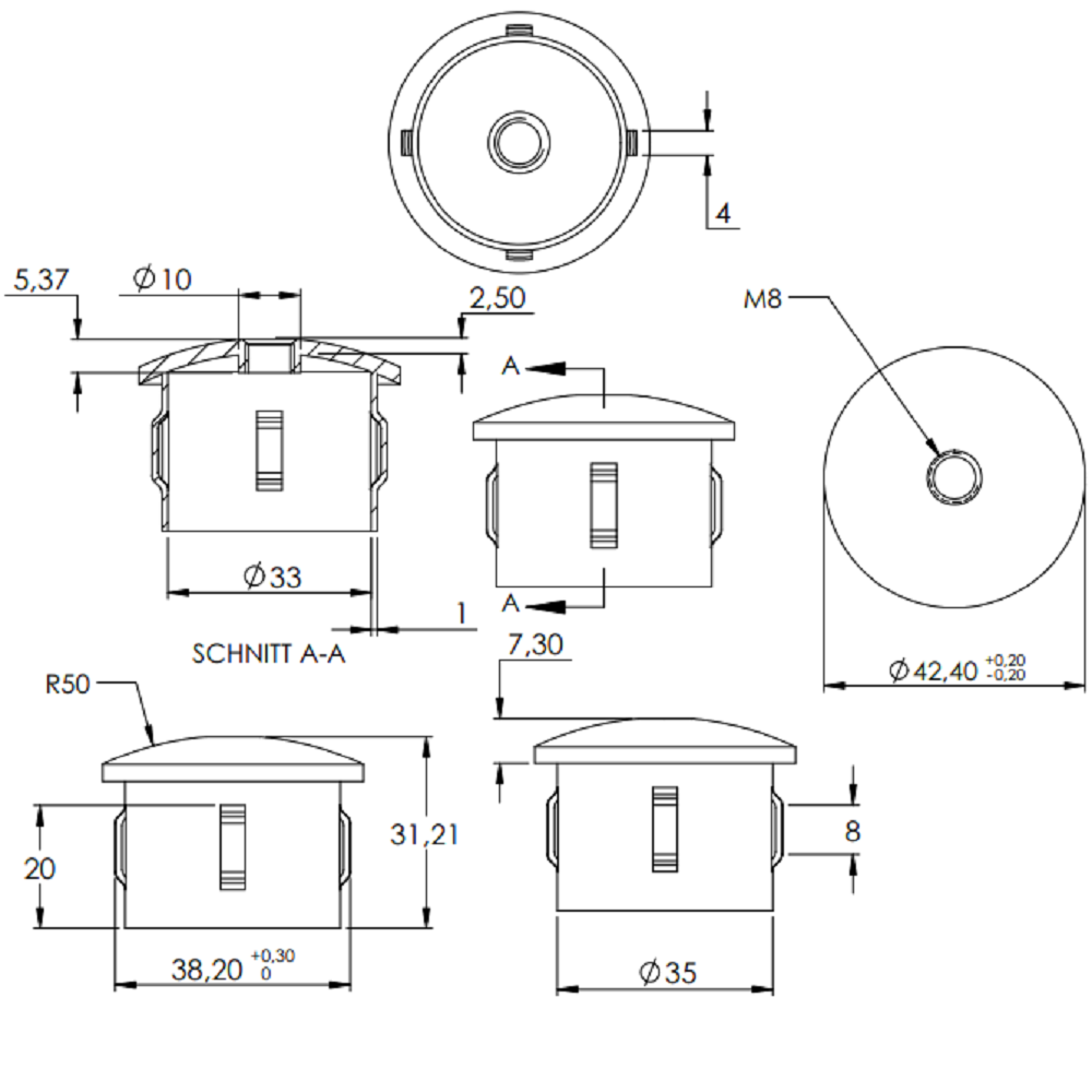 Stahleinschlagstopfen für Rohr ø 42,4mm, mit Wandstärke 2,5-2,9mm, leicht gewölbt, mit Gewinde M8