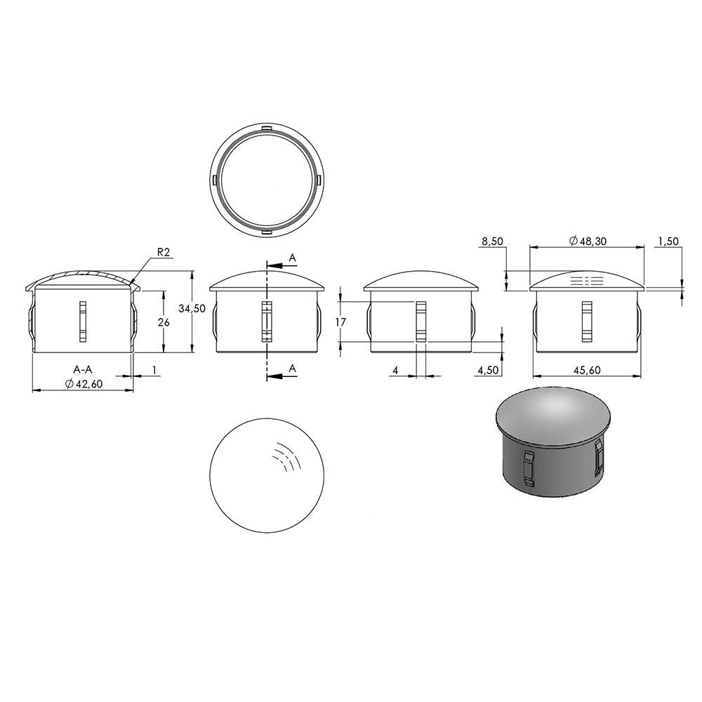 Einschlagstopfen leicht gewölbt, hohl mit Nasen, für Rohr ø 48,3 x 2,0 - 2,6mm