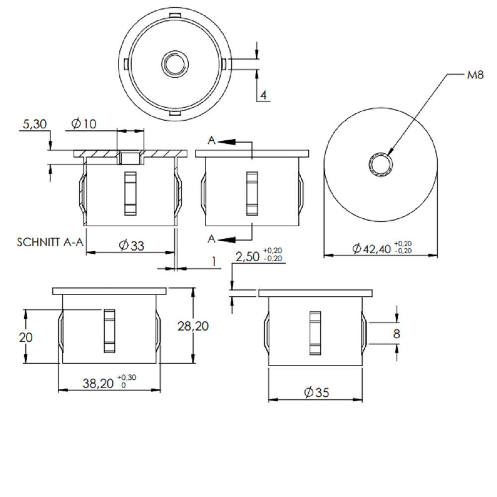 Stahleinschlagstopfen für Rohr ø 42,4mm, mit Wandstärke 2,5-2,9mm, flach, mit Gewinde M8