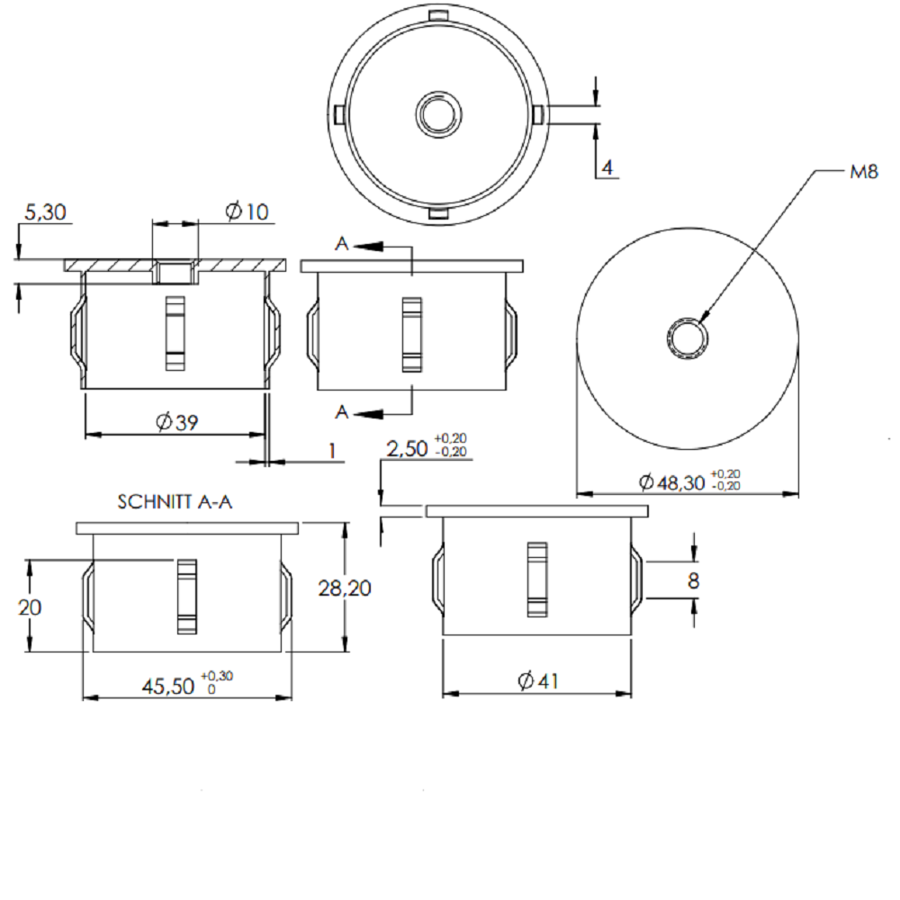 Stahleinschlagstopfen für Rohr ø 48,3mm, mit Wandstärke 1,8-2,2mm, flach, mit Gewinde M8