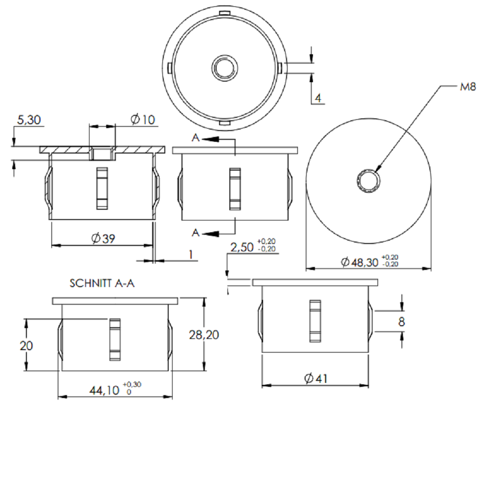 Stahleinschlagstopfen für Rohr ø 48,3mm, mit Wandstärke 2,5-2,9mm, flach, mit Gewinde M8