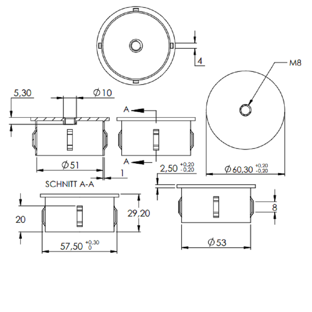 Stahleinschlagstopfen für Rohr ø 60,3mm, mit Wandstärke 1,8-2,2mm, flach, mit Gewinde M8