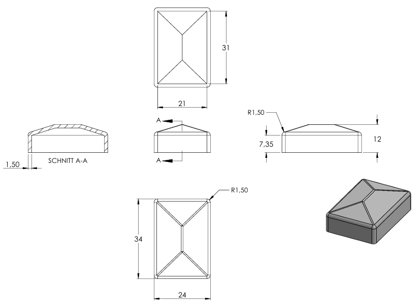 Pyramidenkappe für Rechteckrohr 30 x 20mm, Stahl roh