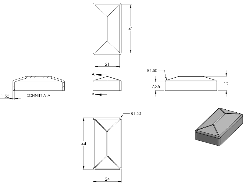 Pyramidenkappe für Rechteckrohr 40 x 20mm, Stahl roh