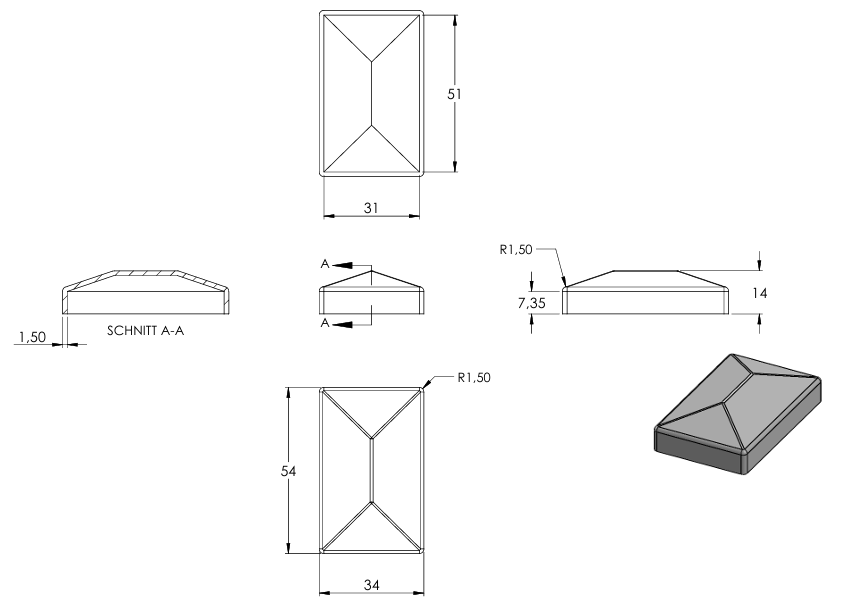 Pyramidenkappe für Rechteckrohr 50 x 30mm, Stahl roh