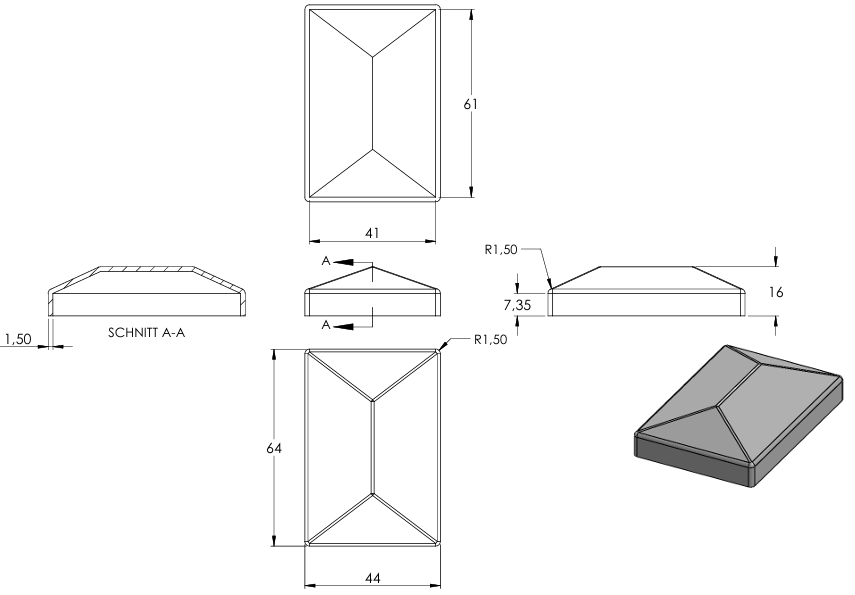 Pyramidenkappe für Rechteckrohr 60 x 40mm, Stahl roh
