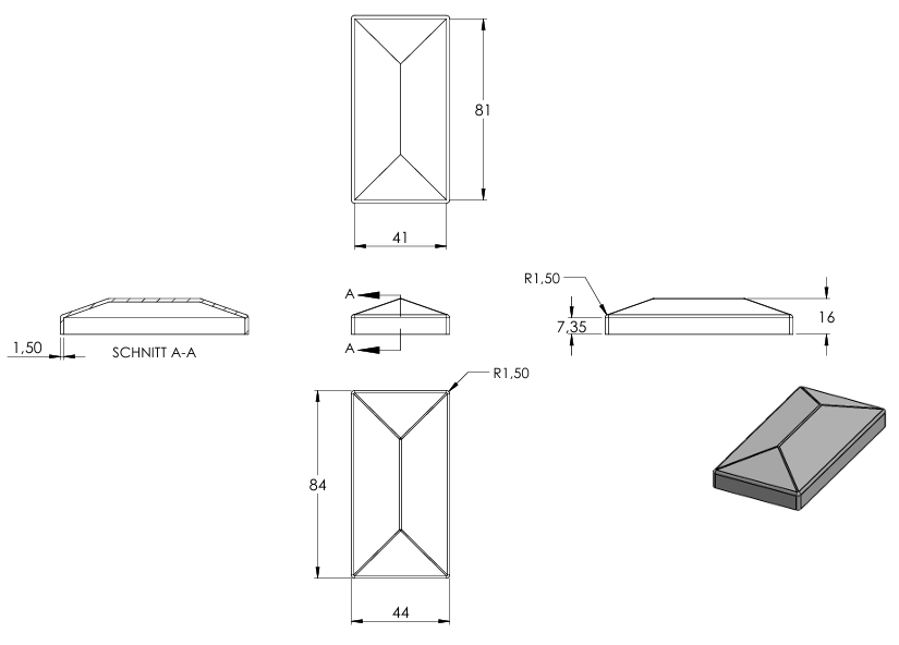 Pyramidenkappe für Rechteckrohr 80 x 40mm, Stahl roh