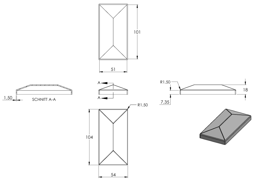 Pyramidenkappe für Rechteckrohr 100 x 50mm, Stahl roh
